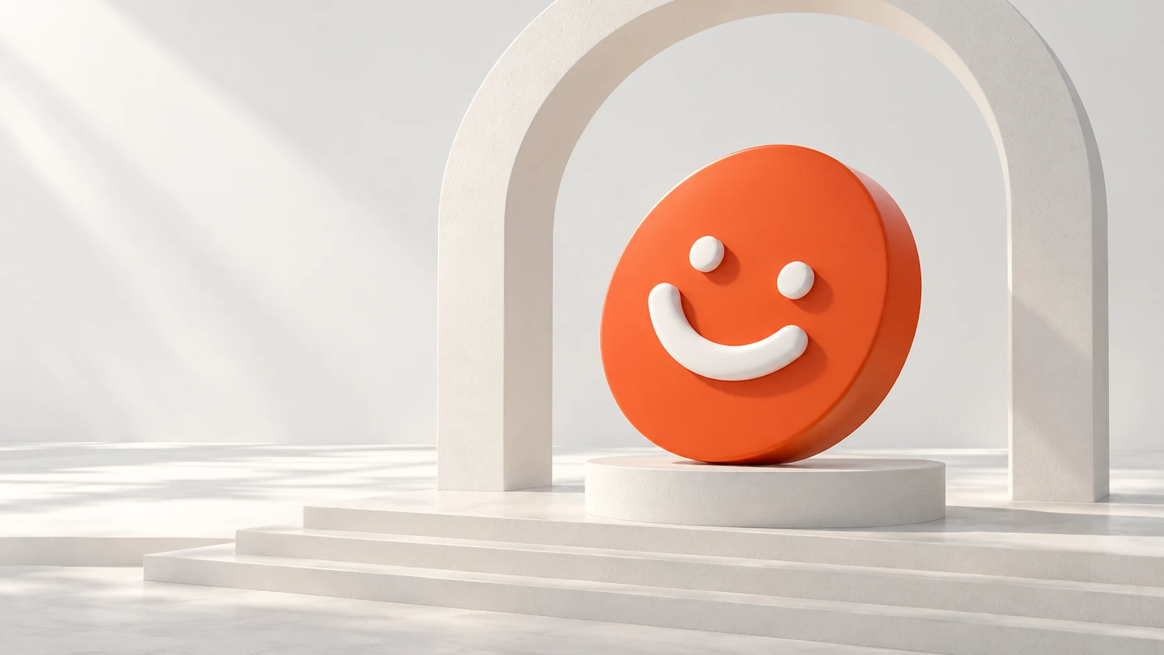 The hahamake orange smile sculpture in a pale architectural setting